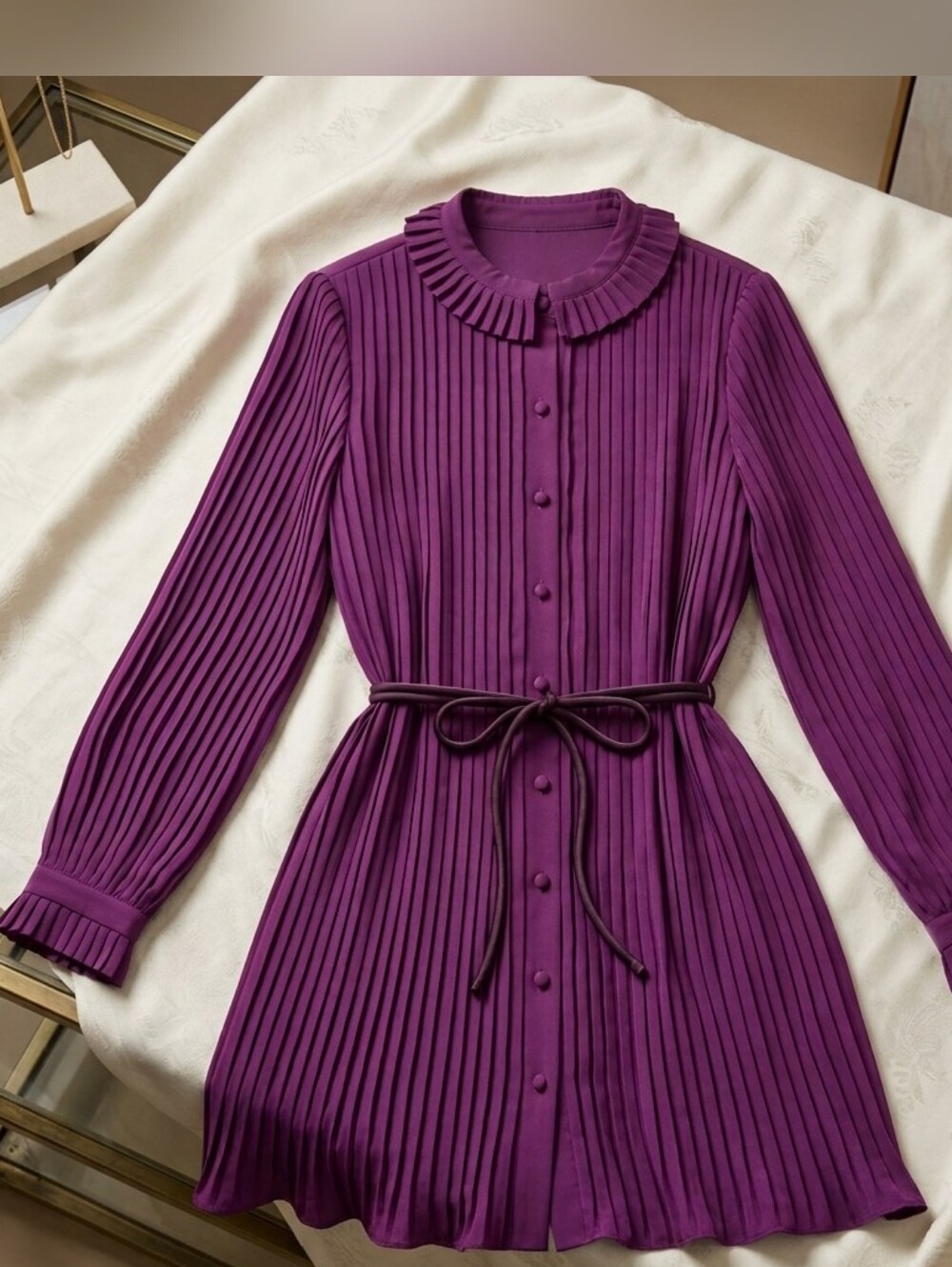 Women's Purple Pleated Button-Front Long Sleeve Dress With Matching Belt
